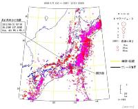 1868年から2011年までの144年間のマグニチュード（M)5以上で深さ40ｋｍ以浅の震源分布図の画像