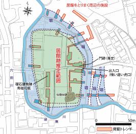 発掘地点と居館跡復元図の画像