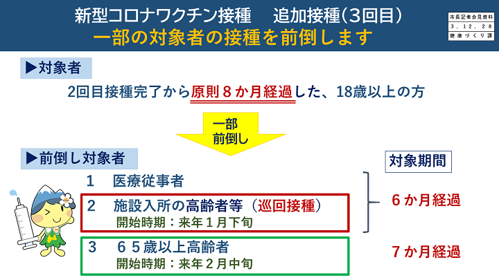 【資料2　新型コロナワクチン接種 追加接種(3回目)一部の対象者の接種を前倒します】の画像