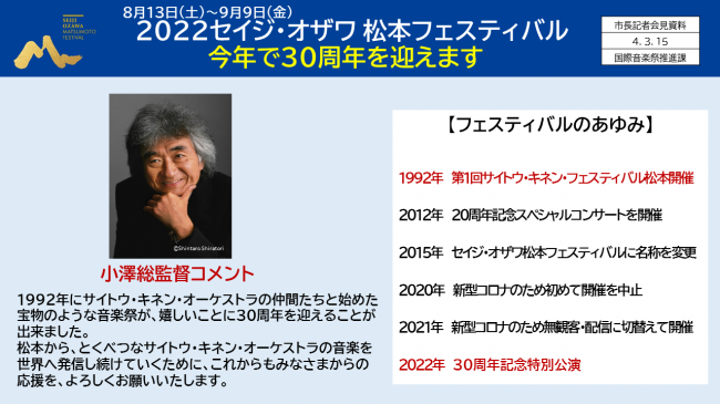 8月13日(土)～9月9日(金)　2022セイジ・オザワ　松本フェスティバル　今年で30周年を迎えます