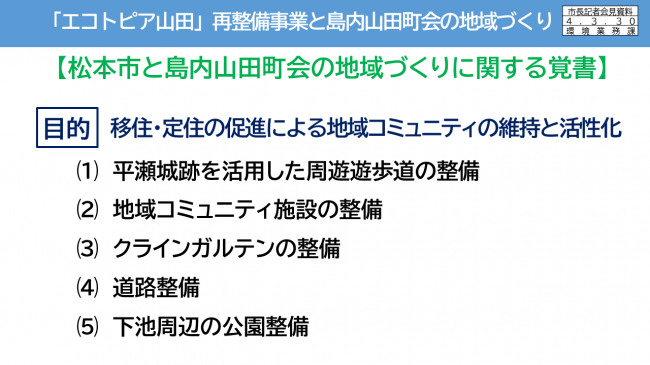 資料13 「エコトピア山田」再整備事業と島内山田町会の地域づくり【松本市と島内山田町会の地域づくりに関する覚書①】