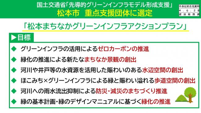 国土交通省「先導的グリーンインフラモデル形成支援」　松本市　重点支援団体に選定(松本まちなかグリーンインフラアクションプラン)