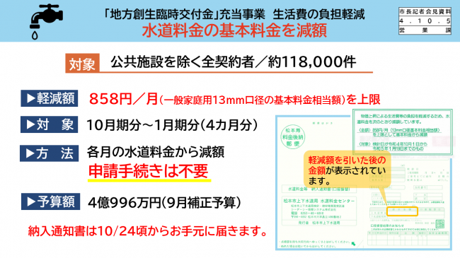 【資料1　「地方創生臨時交付金」充当事業　生活費の負担軽減　水道料金の基本料金を減額】