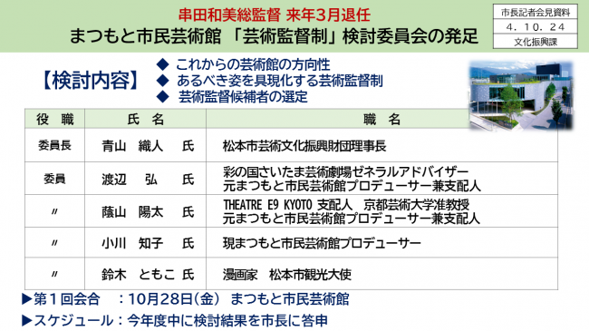 【資料1　串田和美総監督　来年3月退任　まつもと市民芸術館「芸術監督制」検討委員会の発足】