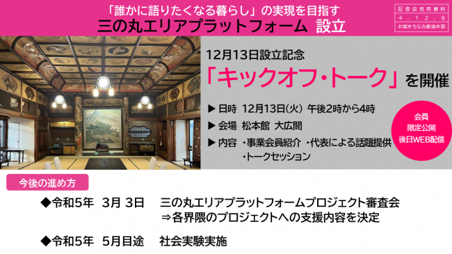 【資料3　「誰かに語りたくなる暮らし」の実現を目指す　三の丸エリアプラットフォーム設立　12月13日設立記念　「キックオフ・トーク」を開催】