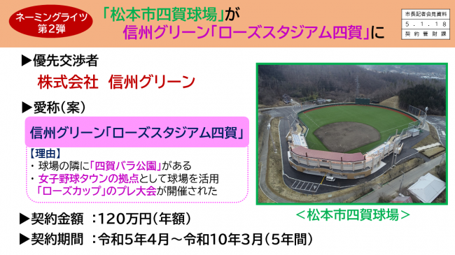 【資料3　ネーミングライツ第2弾　「松本市四賀球場」が信州グリーン「ローズスタジアム四賀」に】