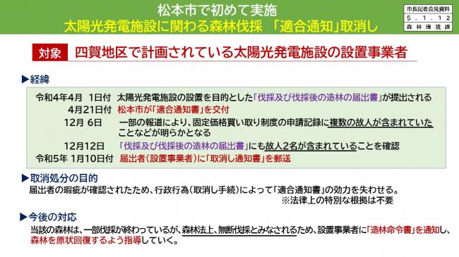 資料5　松本市で初めて実施　太陽光発電施設に関わる森林伐採「適合通知」取消し