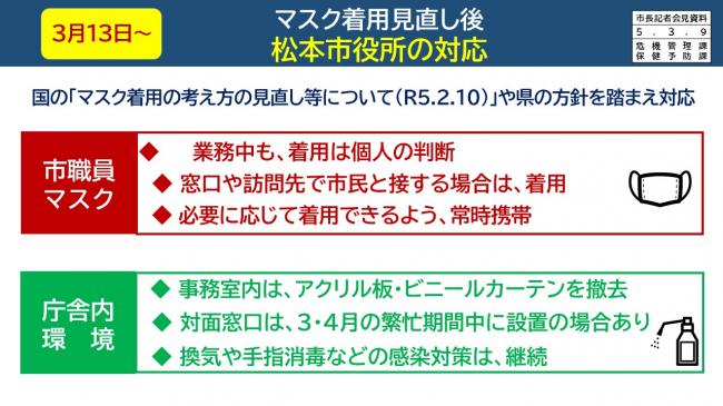 資料4　3月13日～　マスク着用見直し後　松本市役所の対応