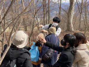 冬ごもりするクモを観察する参加者