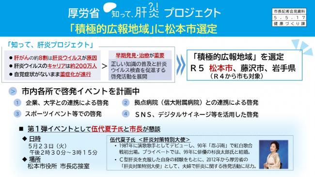 資料3　厚労省　知って、肝炎プロジェクト　「積極的広域地域」に松本市選定