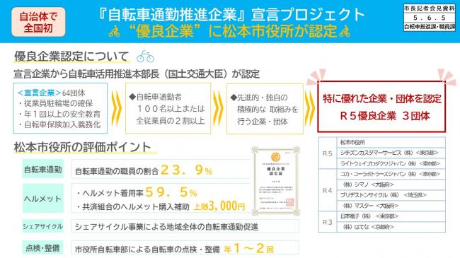 資料3　自治体で全国初　『自転車通勤推進企業』宣言プロジェクト　“優良企業”に松本市役所が認定