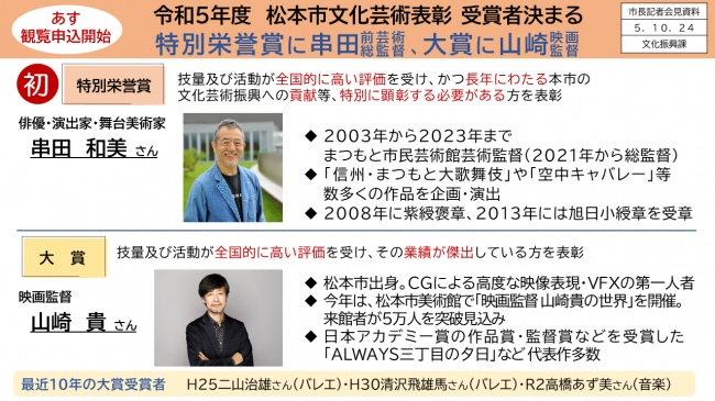 【資料1　令和5年度　松本市文化芸術表彰　受賞者決まる　特別栄誉賞に串田前芸術総監督、大賞に山崎映画監督】