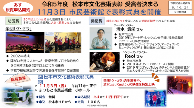 【資料2　令和5年度　松本市文化芸術表彰　受賞者決まる　11月3日　市民芸術館で表彰式典を開催】