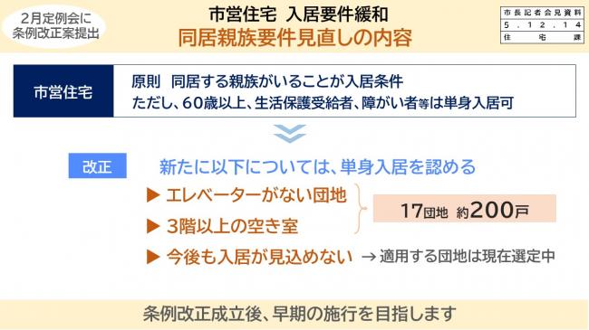 資料2　2月定例会に条例改正案提出　市営住宅 入居要件緩和　同居親族要件見直しの内容