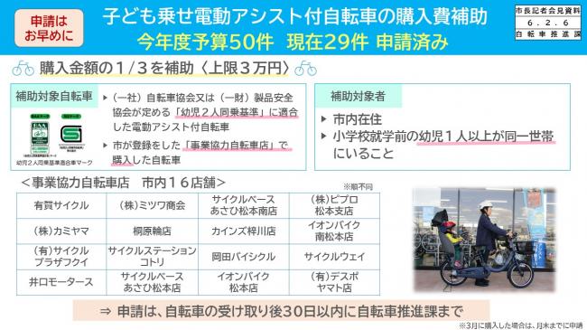 資料2　申請はお早めに　子ども乗せ電動アシスト付自転車の購入費補助　今年度予算50件　現在29件　申請済み