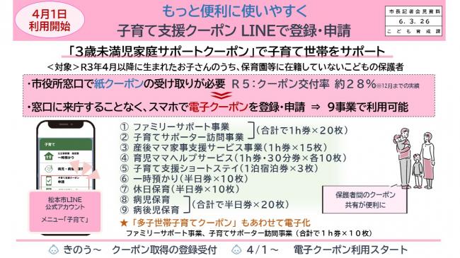 資料5　4月1日利用開始　もっと便利に使いやすく　子育て支援クーポン　LINEで登録・申請