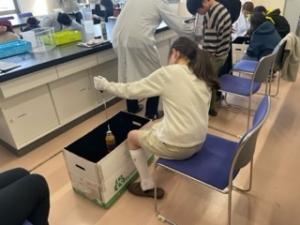 ペットボトルから繊維を作っている様子