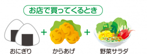 お店で買ってくるときの例、おにぎり+からあげ+野菜サラダ