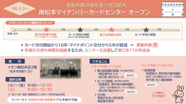 更新件数の増を受け窓口拡大　南松本マイナンバーカードセンターオープン（場所、開所時間、できること）