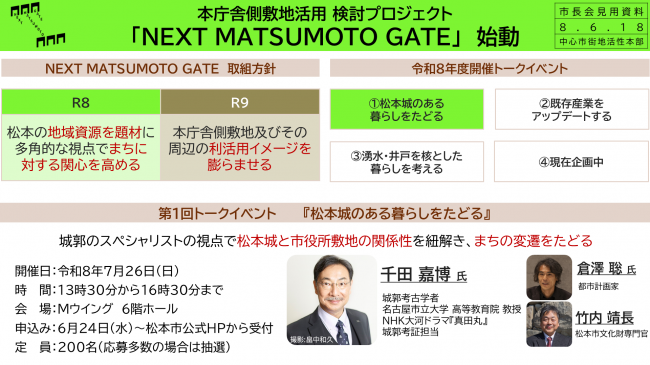 資料５　本庁舎側敷地活用検討プロジェクト「ＮＥＸＴ ＭＡＴＳＵＭＯＴＯ　ＧＡＴＥ」始動（取組方針、令和８年度開催トークイベント