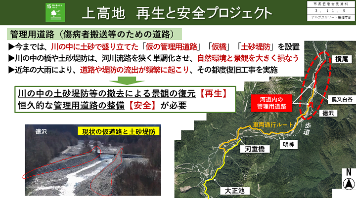 資料3　上高地　再生と安全プロジェクト(現状の仮道路と土砂堤防)の画像